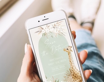 Sage giraffe baby shower save the date template, boho baby shower electronic save the date, mobile phone baby shower text invit sage P82
