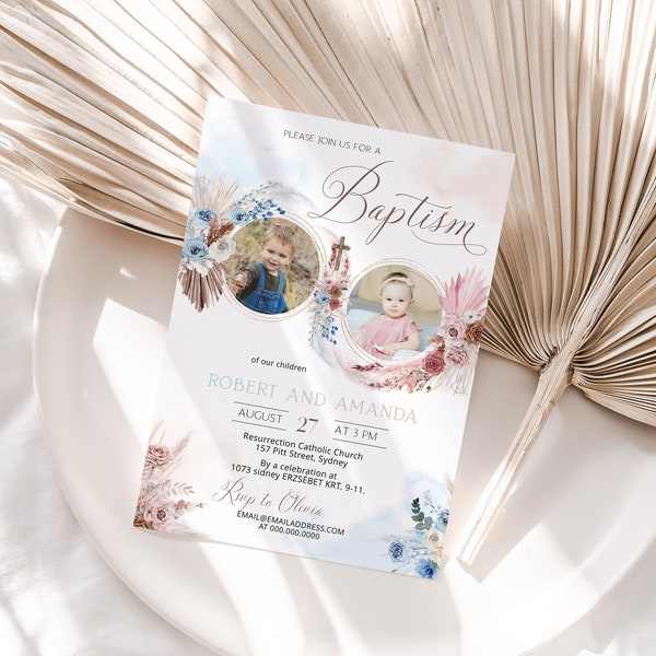 Boy girl twin baptism Invitation template, joint sibling baptism photo pampas grass invite, boho twins christening invite, baptismal P141