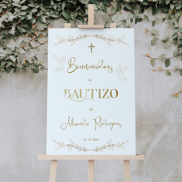 Angel bautizo welcome sign template, bienvenidos a bautizo sign religious welcome sign, spanish welcome sign gold first communion welcome B6