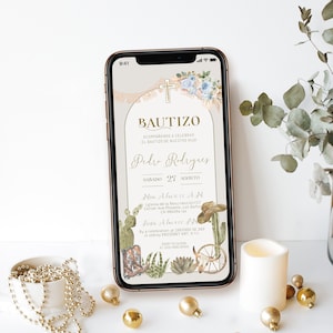 Invitaciones de bautizo, blue boho invitacion de bautizo template, editable christening evite, electronic baptism invite in spanish P231