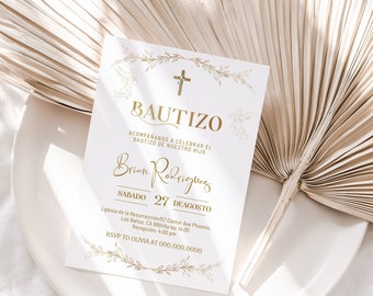 Angel invitaciones de bautizo digitales, spanish baptism invitation, mi bautizo invitation, gold cross bautizo editable religious invite B6