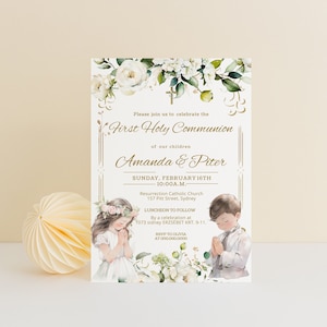 First communion card, fаirst holy communion invitation, flowers 1st holy communion invite template, printable religious baptism invite, P222