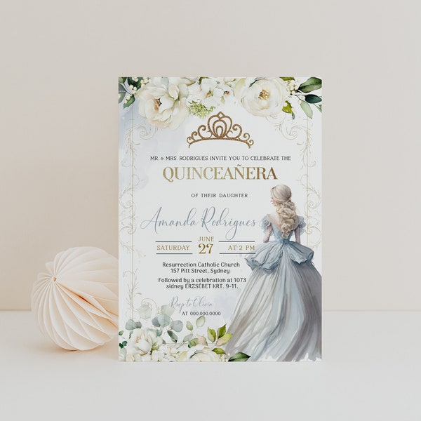 White floral gold quinceañera invitation printable, editable mis quince 15 16th birthday party, elegant princess quinceañera invite, P138