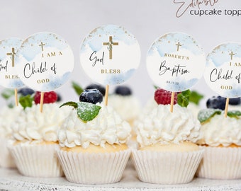 Gyufise Cupcake-Topper 'God Bless Boy' – 24 Stück, Glitzernd Mit Taube & Kreuz, Für Taufe & Erstkommunion