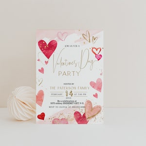 Editable valentine day party invitation, heart couples party invitation valentine day, friends valentine's party birthday invite template P5 image 1