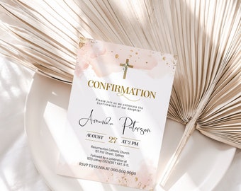 Girl confirmation invitation templat, pink gold baptism invite, christening invitation girl, religious invite, girl baptism invitation B2p