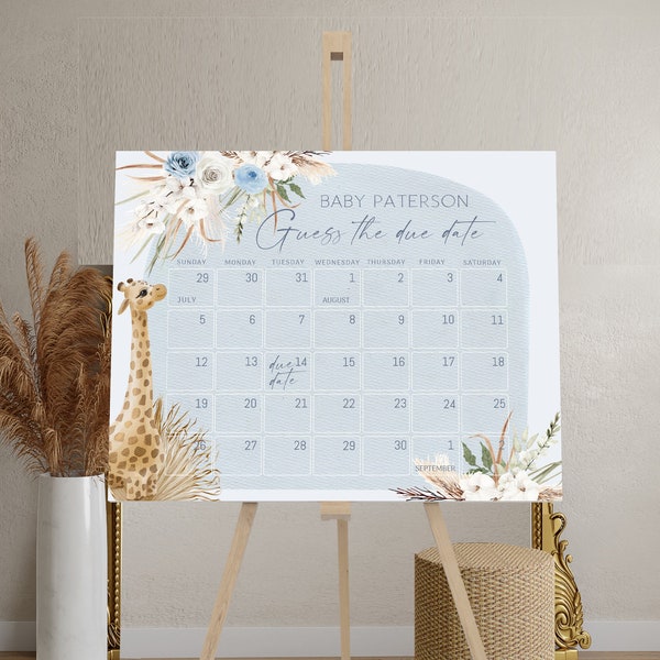 Blue boho giraffe guess baby's due date calendar guess the baby birthday game template baby due date calendar sign, baby shower calendar P82