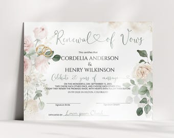 Vow Renewal Certificate Template, Editable Wedding Renewal Certificate, Printable Marriage Keepsake, Corjl Instant Download, P106