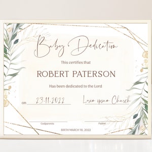 Greenery baby dedication certificate template, child dedication certificate, printable baptism certificate, delicate baby certificate B012