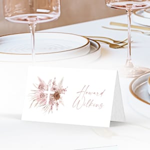 Pink boho floral place card template, editable christening place card, first communion card, baptism place card, confirmation card, P64