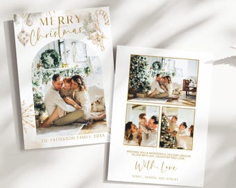 Elegant Christmas Photo Card Template, Editable Corjl Holiday Greeting Card with Multi Photos, Gold Arch Snowflake Family Cards, P270