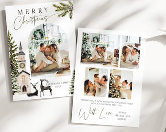 Christmas Photo Card Template, Editable Holiday Family Photo Collage, Watercolor Winter Church Christmas Card Printable P345
