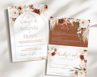 Terracotta Boho Wedding Invitation Suite Bundle, Editable Corjl Rust and Caramel Wedding Template Set with RSVP and Details Card, P66