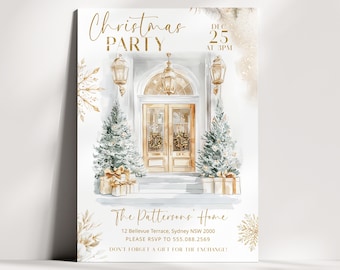 Elegant Christmas Party Invitation Template, Editable Corjl Holiday Home Gathering Invite with Front Door and Trees, Winter Festive, P270