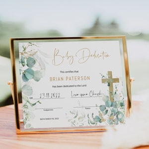Eucalyptus baby dedication certificate template, baby christening dedication, printable baptism gift, cross christening certificate B021