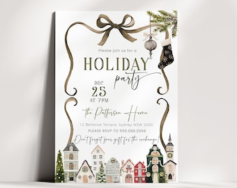 Christmas Holiday Party Invitation, Editable Gift Exchange Invite Template, Watercolor Christmas Village Card, P345