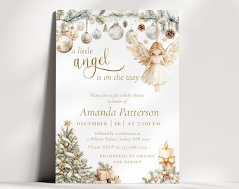 A Little Angel is on the Way Invitation, Christmas Gold Baby Shower Template, Editable Winter Invite, Digital Download, P344