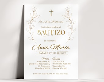 May include: A white baptism invitation card featuring gold text and botanical illustrations. The text reads Sr. y Sra. Patterson, BAUTIZO, Anna Maria, SÁBADO 27 DE AGOSTO, Misa, Fiesta, and includes specific event details and a contact number.