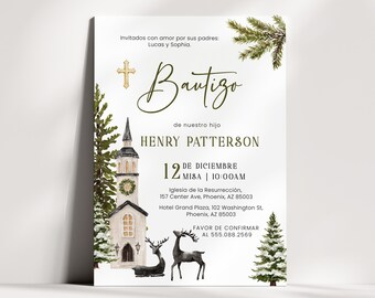 Bautizo Invitation, Winter Church Deer Design, Spanish Baptism Template, Editable Digital Download, Printable Card P345