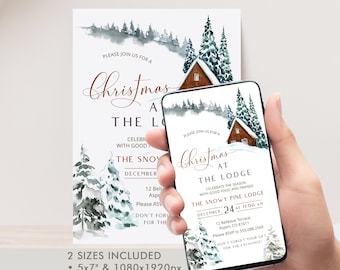 Christmas at the Lodge Invitation Template, Editable Corjl Winter Cabin Holiday Party Invite, Cozy Snowy Woods Gathering Evite, P72