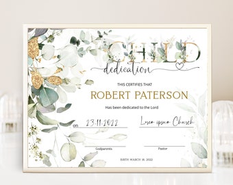 Child dedication certificate template greenery dedication certificate printable baptism certificate editable baby christening dedication P52