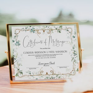 Eucalyptus wedding certificate template, editable marriage certificate, greenery certificate of marriage, renewal of vows certificate