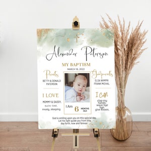Sage green baptism milestone template, boy baptism chalkboard sign, first communion chalkboard, christening milestone poster with photo B2g