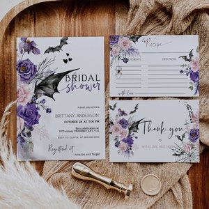 Halloween bridal shower invitation set template, spooky wedding invitation, editable bridal shower invite, recipe card, thank you card P146