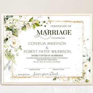 White flowers wedding certificate of marriage template, marriage certificate, green elegant wedding certificate, floral wedding keepsake P14