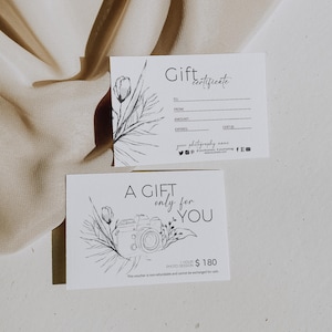 Photography gift certificate template, printable photo session voucher, minimalist photographer coupons, editable photo session gift card
