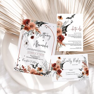 Modern terracotta boho invitation set template, halloween wedding invitation with rsvp details card printable, gothic invite wedding P149