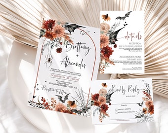 Modern terracotta boho invitation set template, halloween wedding invitation with rsvp details card printable, gothic invite wedding P149