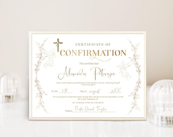 May include: A gold-toned Certificate of Confirmation with elegant script and decorative angel illustrations. The certificate includes the text "Certificate of Confirmation" and the name "Alexander Peterson". The date is August 8th, 20XX.