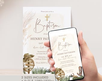 Western Baptism Invitation Template, Little Cowboy Christening Invite, Editable Country Boho Cross Evite, P110
