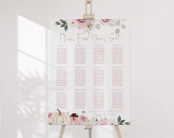 Autumn Pumpkin Seating Chart Template, Editable Fall Floral Baptism Table Plan, Dusty Pink Christening Sign, P240