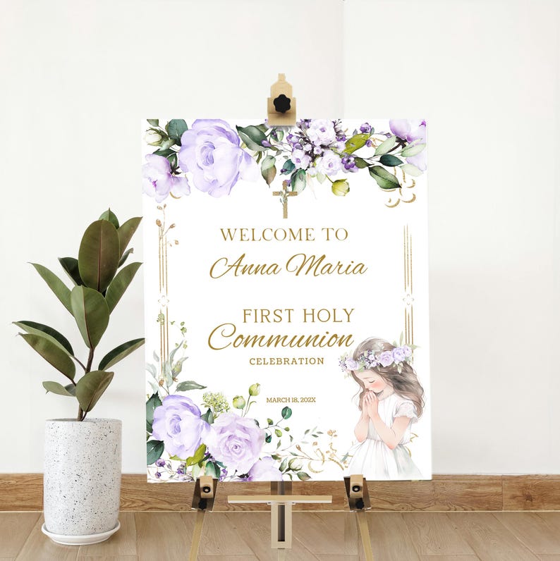 Communion Post Sign First Holy Communion Welcome Sign Template, Purple Gold First Holy ...