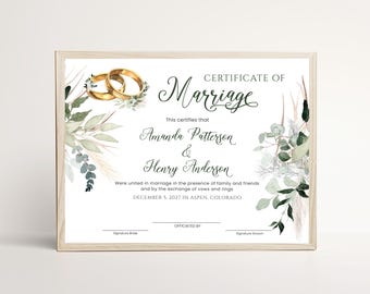 Greenery Certificate of Marriage Template, Printable Wedding Certificate Keepsake, Botanical Eucalyptus Vows Sign Editable Download, P365