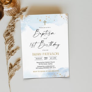 Blue gold baptism and 1st birthday invitation template, christening invitation boy, light blue watercolor invite, boy baptism invite B2b