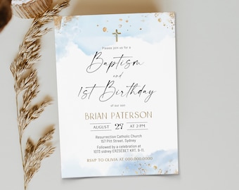 Blue gold baptism and 1st birthday invitation template, christening invitation boy, light blue watercolor invite, boy baptism invite B2b