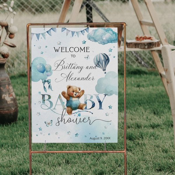 Blue boy bear we can bearly wait baby shower welcome sign, editable poster bear balloons decor, bear decoration template P129