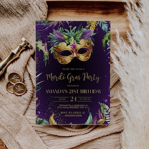 Birthday masquerade party invitation, mardi gras party invitation template, printable masquerade ball invitation celebration invitation P101