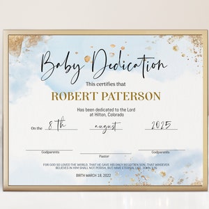 Baby dedication certificate template, blue gold christening certificate, printable baptism certificate, editable church certificate B2b
