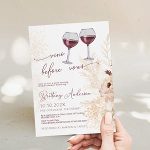 Vino before vows, bridal shower invitation template, wine tasting bridal sprinkle invite, editable boho floral wine bridal invitation, P157