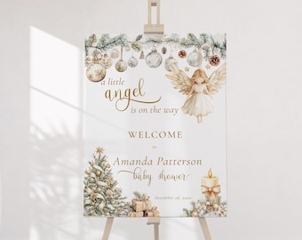 A Little Angel Is On The Way Welcome Sign, Christmas Baby Shower Poster Template, Watercolor Winter Holiday Decor, P344