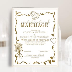 Marriage certificate template, printable Illustrated wedding certificate, editable marriage certificate wedding keepsake, hand drawn, P302