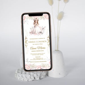 Primera comunión invitación, girl first holy communion digital invitation template, spanish communion invite, pink gold religious evite P223