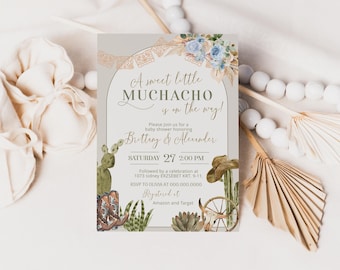 Little muchacho is on the way baby shower invitation template, boho mexican baby shower invite, editable boy fiesta baby shower, cactus P231