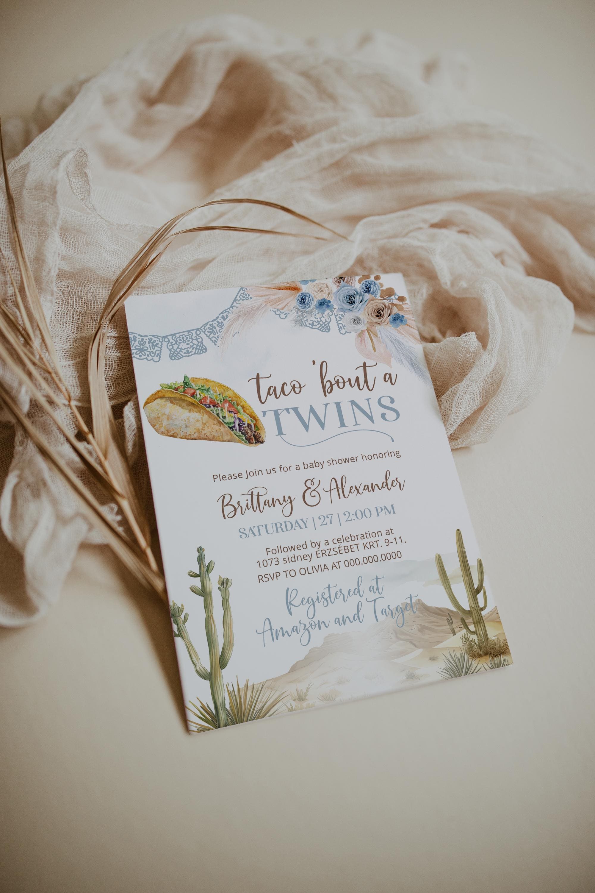 Taco 'bout a twins baby shower invitation template, twin boy fiesta baby shower invite, editable baby shower invite, blue floral cactus P295