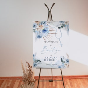 Blue floral spanish baptism welcome sign, pampas grasses bautizo welcome sign template, bienvenidos a bautizo, religious welcome sign, P65