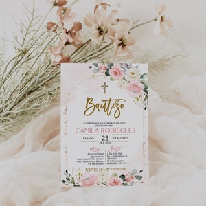 Pink floral baptism invitation, spanish baptism invitation, editable bautizo invite, editable religious invite, invitaciones de bautizo P169
